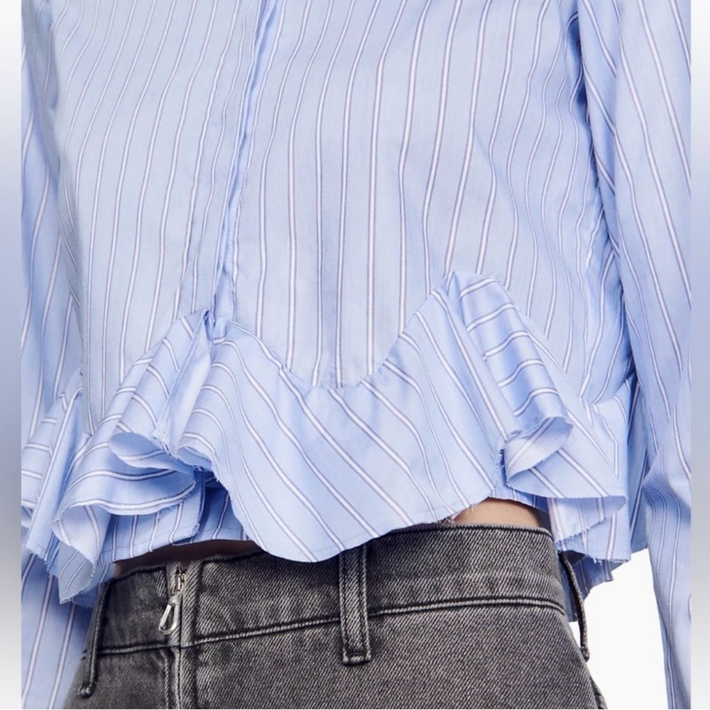 Sandro Light Blue Striped Ruffle Blouse - Picture 3 of 7